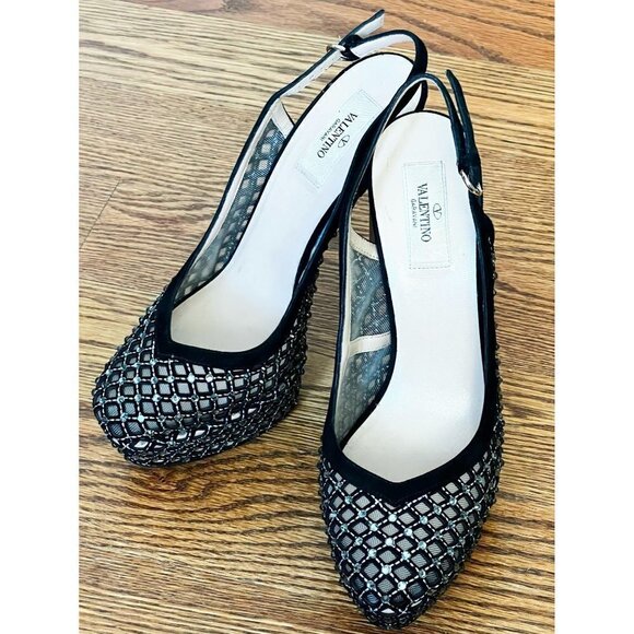 VALENTINO Black Lattice Crystal Studded Slingback Platform Sandals sz(9) - Picture 1 of 13